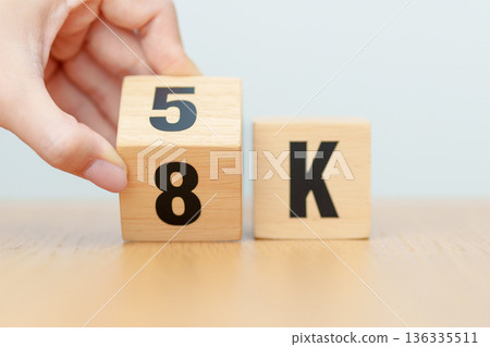 hand change wooden block from 5K to 8K, display resolution, Ultra High Definition, UHD, pixels, Technology, network, TV streaming, Social media and digital concepts 136335511