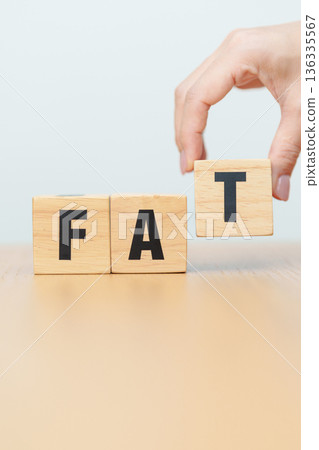 wooden block FAT. Fitness, Exercise, Healthy, Wellness, motivation and wellbeing concepts 136335567