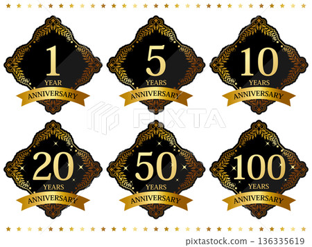 Set of 6 luxurious anniversary emblems in black and gold 136335619