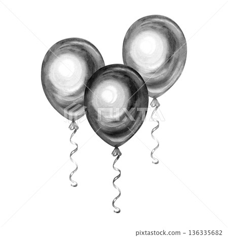 Hand-painted watercolor illustration of a bunch of three black balloons tied together with silver curly ribbons. This elegant monochromatic composition features realistic glossy highlights, ideal for 136335682