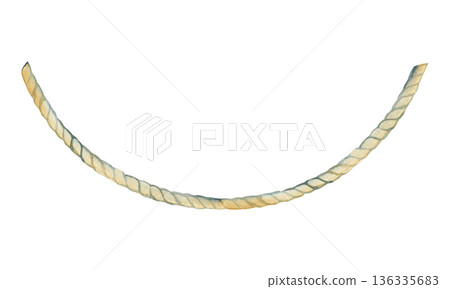 Hand drawn watercolor curved rope element with realistic twisted texture. Nautical jute cord illustration for marine themes, rustic decor, and frames. Detailed botanical-style painting of a natural 136335683