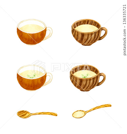 馬鈴薯濃湯（馬鈴薯湯）和湯匙套裝。手繪水彩食物插圖。 136335721