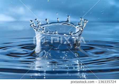 High-speed photography background of crown splashes created by water droplets falling on the water surface 136335724