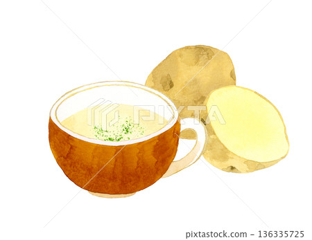 Potato potage (potato soup) and potato set. Hand-drawn watercolor illustration of cooking and food. 136335725