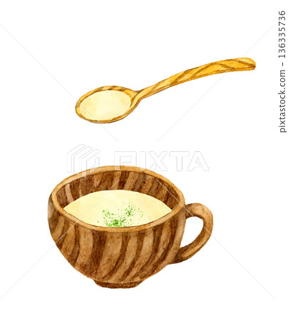 馬鈴薯濃湯（馬鈴薯湯）和湯匙套裝。手繪水彩食物插圖。 136335736