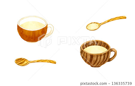 Potato potage (potato soup) and spoon set. Hand-drawn watercolor illustration of food. Potato potage (potato soup) and spoon set. Hand-drawn watercolor illustration of food. 136335739