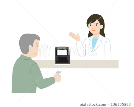 A pharmacist showing customers how to receive their My Number card A pharmacist showing customers how to receive their My Number card 136335893