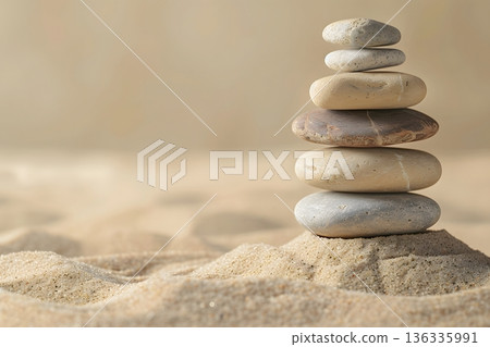 Zen stones piled on the sand symbolize harmony and balance. 136335991