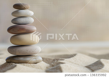 Zen stones piled on the sand symbolize harmony and balance. 136335992