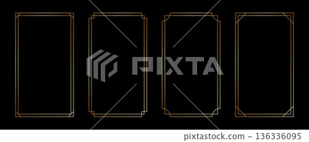 Thin golden rectangle frame set in art deco style. Luxury modern line rectangle gold borders. Brass glowing shiny boarder element pack for photocard. Vector illustration isolated on black background Thin golden rectangle frame set in art deco style. Luxury modern line rectangle gold borders. Brass glowing shiny boarder element pack for photocard. Vector illustration isolated on black background 136336095