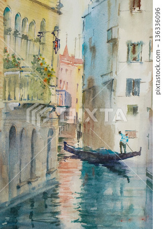 歐洲城市威尼斯水彩山水畫 136336096