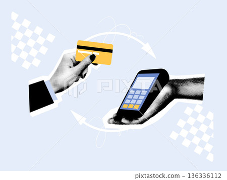 Hand holding credit card making contactless payment on POS terminal. Flat vector illustration with halftone texture. Cashless payment and fintech transaction concept. Hand holding credit card making contactless payment on POS terminal. Flat vector illustration with halftone texture. Cashless payment and fintech transaction concept. 136336112