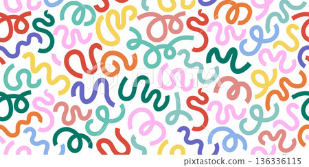 Seamless pattern with wavy lines. Abstract bright curved line shapes poster background. Modern, dynamic, and creative flat vector illustration isolated on white background. 136336115