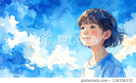 一個女孩仰望著清涼的藍色夏日天空-動漫風格插畫 一個女孩仰望著清涼的藍色夏日天空-動漫風格插畫 136336132