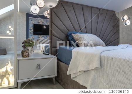 Luxury Bedroom Interior Detail with Fluted Velvet Headboard Luxury Bedroom Interior Detail with Fluted Velvet Headboard 136336145
