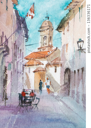 A small village in southern France, watercolor painting, landscape painting 136336171