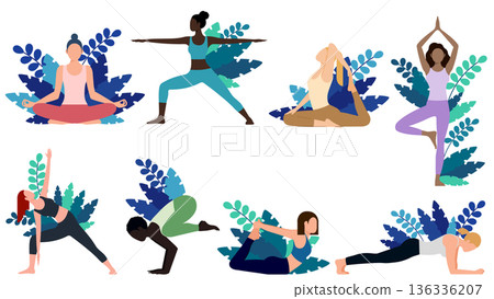一組包含八個不同瑜珈姿勢的圖片，模特兒為不同種族的女性。 136336207