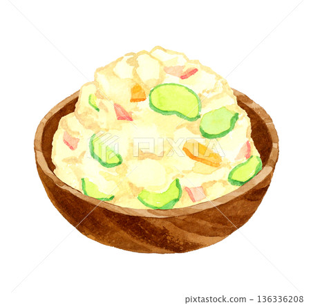 Potato salad served in a wooden bowl. Hand-drawn watercolor illustration of food and cuisine. 136336208