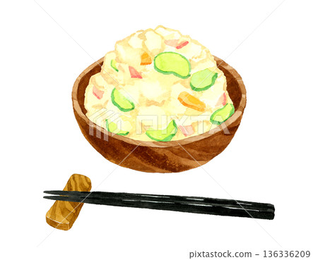 Potato salad served in a wooden bowl. Hand-drawn watercolor illustration of food and cuisine. Potato salad served in a wooden bowl. Hand-drawn watercolor illustration of food and cuisine. 136336209