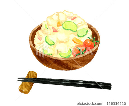 盛在木碗裡的馬鈴薯沙拉。手繪水彩食物插畫。 盛在木碗裡的馬鈴薯沙拉。手繪水彩食物插畫。 136336210