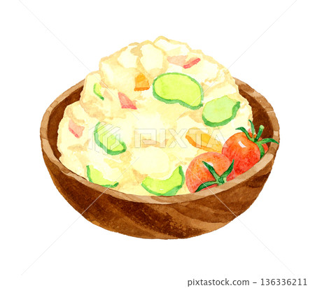 Potato salad served in a wooden bowl. Hand-drawn watercolor illustration of food and cuisine. 136336211