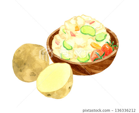A set of potato salad and potatoes served in a wooden bowl. Hand-drawn watercolor illustration of food and cuisine. A set of potato salad and potatoes served in a wooden bowl. Hand-drawn watercolor illustration of food and cuisine. 136336212
