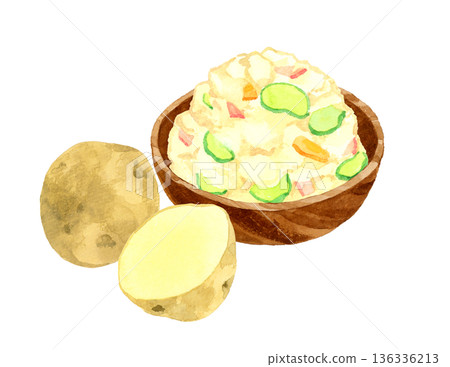 一份盛在木碗裡的馬鈴薯沙拉和馬鈴薯。手繪水彩食物插畫。 一份盛在木碗裡的馬鈴薯沙拉和馬鈴薯。手繪水彩食物插畫。 136336213