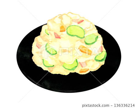 Potato salad served on a plate. Hand-drawn watercolor illustration of food and cuisine. 136336214