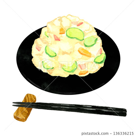 Potato salad served on a plate. Hand-drawn watercolor illustration of food and cuisine. 136336215