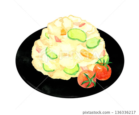 Potato salad served on a plate. Hand-drawn watercolor illustration of food and cuisine. 136336217