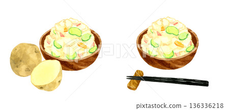 一份盛在木碗裡的馬鈴薯沙拉和馬鈴薯。手繪水彩食物插畫。 一份盛在木碗裡的馬鈴薯沙拉和馬鈴薯。手繪水彩食物插畫。 136336218