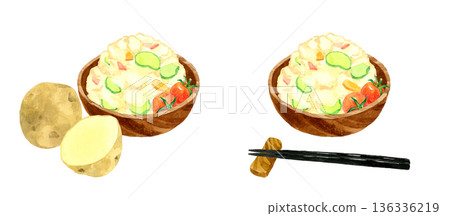一份盛在木碗裡的馬鈴薯沙拉和馬鈴薯。手繪水彩食物插畫。 一份盛在木碗裡的馬鈴薯沙拉和馬鈴薯。手繪水彩食物插畫。 136336219