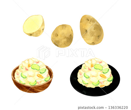 馬鈴薯沙拉和馬鈴薯套餐。手繪水彩食物烹飪插圖。 馬鈴薯沙拉和馬鈴薯套餐。手繪水彩食物烹飪插圖。 136336220