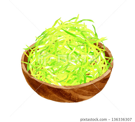 Shredded cabbage served in a wooden bowl. Hand-drawn watercolor illustration of food and cuisine. Shredded cabbage served in a wooden bowl. Hand-drawn watercolor illustration of food and cuisine. 136336307