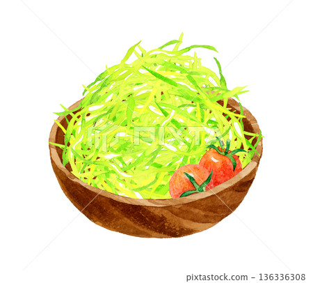 Shredded cabbage served in a wooden bowl. Hand-drawn watercolor illustration of food and cuisine. 136336308