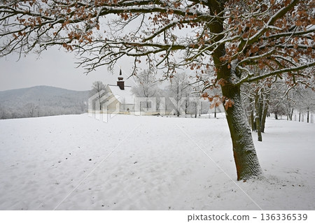 Winter landscape with a beautiful chapel near castle Veveri. Czech Republic city of Brno. The Chapel of the Mother of God. Winter landscape with a beautiful chapel near castle Veveri. Czech Republic city of Brno. The Chapel of the Mother of God. 136336539