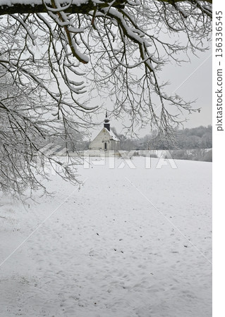 Winter landscape with a beautiful chapel near castle Veveri. Czech Republic city of Brno. The Chapel of the Mother of God. 136336545
