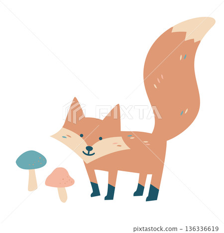 北歐設計風格的狐狸和蘑菇向量圖 136336619