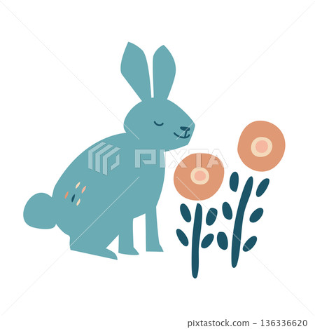 Scandinavian design style rabbit and small flowers vector illustration 136336620