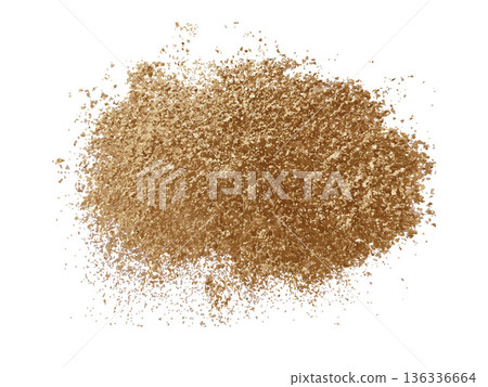 Abstract golden glittery textured paint spot isolated on a white background. Scattered glitter. Element of organic surface texture. Artistic concept of material and abstract texture for design. 136336664