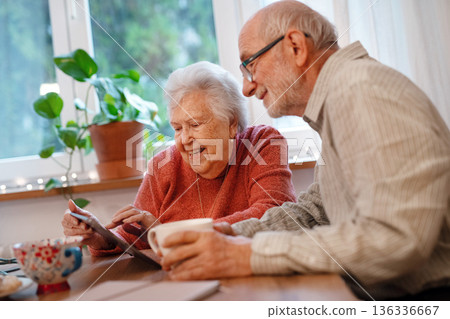 Senior coule working with tablet, making reservation or shopping online. Senior coule working with tablet, making reservation or shopping online. 136336667