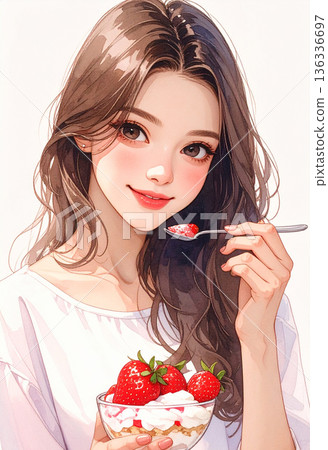 一位女士正在吃草莓芭菲 136336697