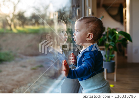 A little toddler is looking out the window. A little toddler is looking out the window. 136336790