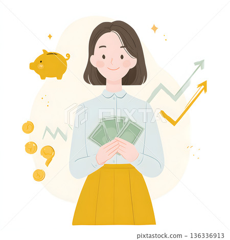 Illustration of a woman's household finances thinking about savings and asset formation 136336913