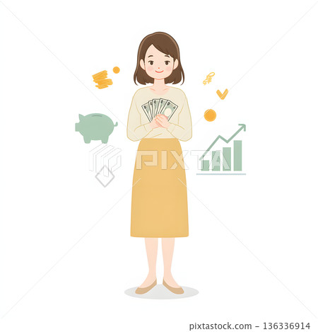 Illustration of a woman's household finances thinking about savings and asset formation 136336914