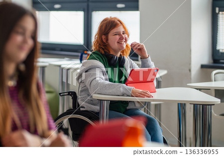 Inclusive classroom scene with student using wheelchair. Inclusive classroom scene with student using wheelchair. 136336955