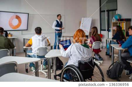 Teacher in inclusive classroom, student in wheelchair. Teacher in inclusive classroom, student in wheelchair. 136336956