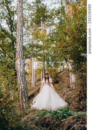 Portrait of beautiful bride and an elegant groom in nature, surrounded by a forest. 136336999
