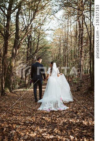 Rear view of bride and an groom in nature, surrounded by a forest. Rear view of bride and an groom in nature, surrounded by a forest. 136337163