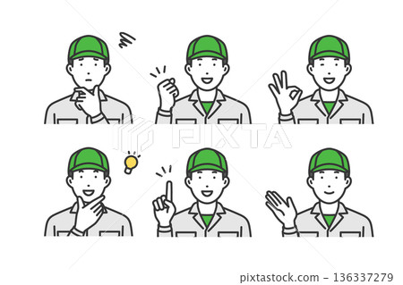 Work clothes men with hat, gesture pose set Work clothes men with hat, gesture pose set 136337279